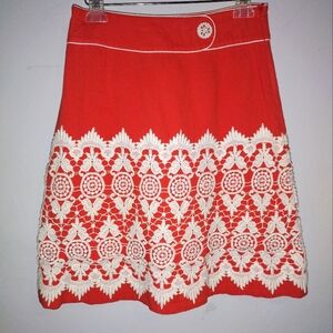 Anthropologie Floreat Walled City Red Orange Lace Trim Skirt 100% Cotton  Size 6